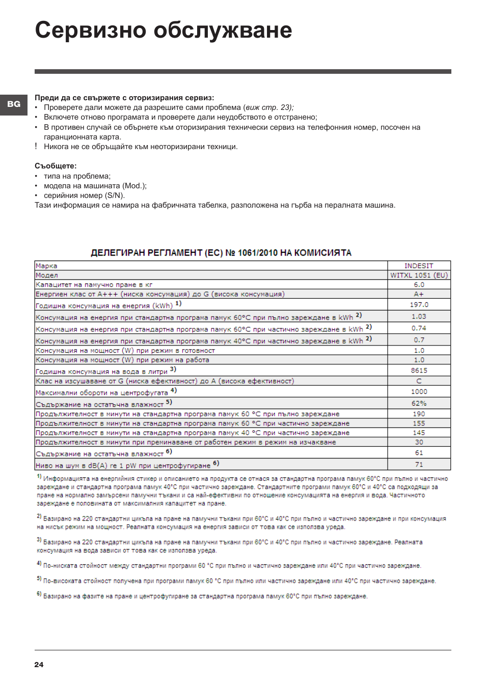 Сервизно обслужване | Indesit WITXL-1051-(EU) User Manual | Page 24 / 84