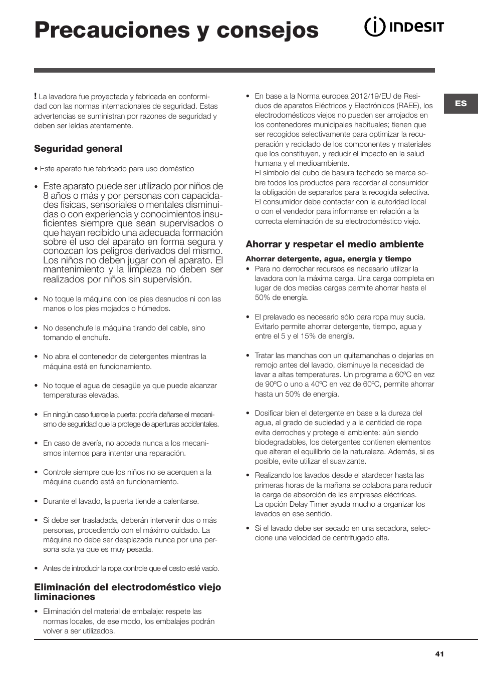 Precauciones y consejos | Indesit WITXL-1051-(EU) User Manual | Page 41 / 84