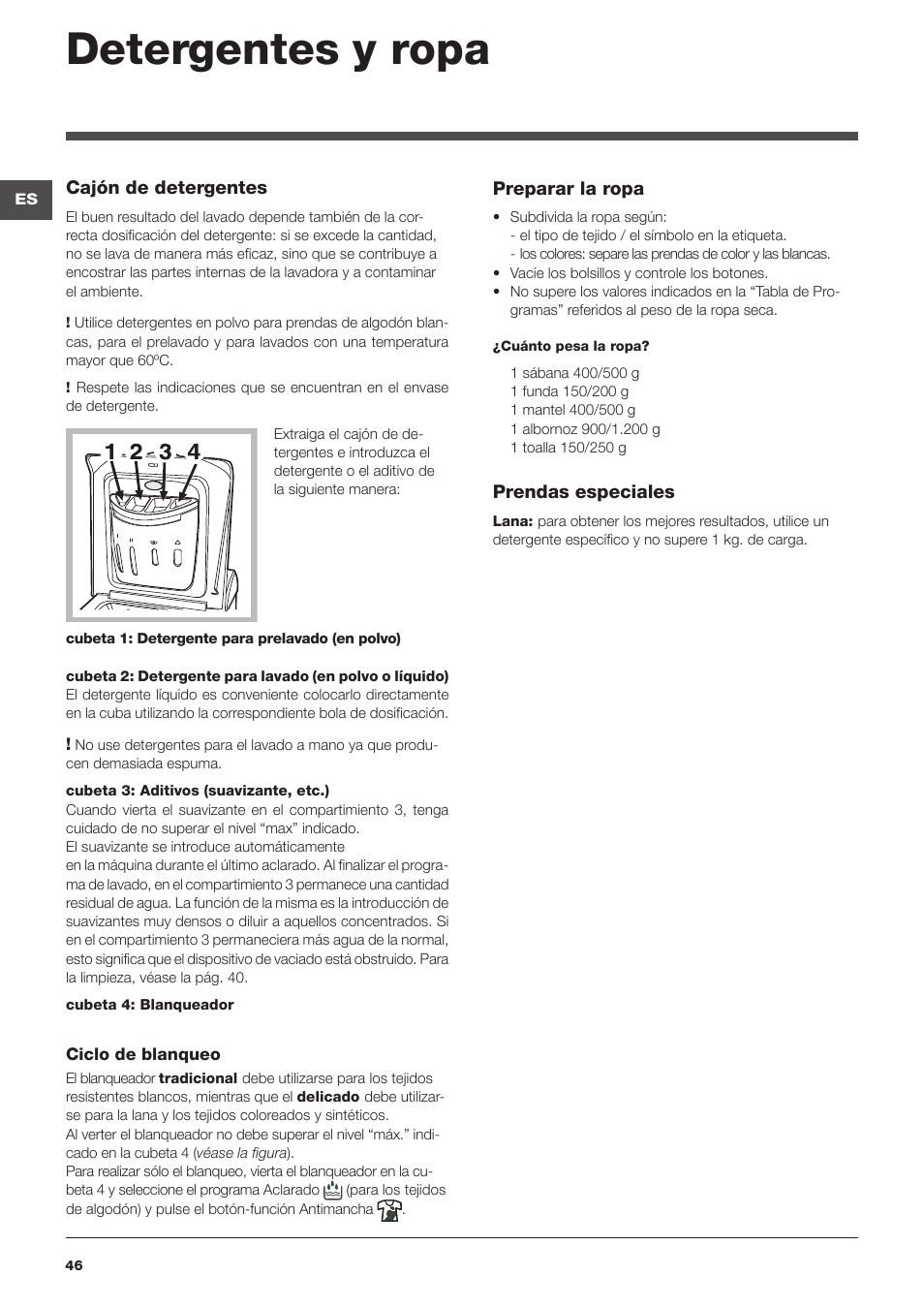 Detergentes y ropa | Indesit WITXL-1051-(EU) User Manual | Page 46 / 84