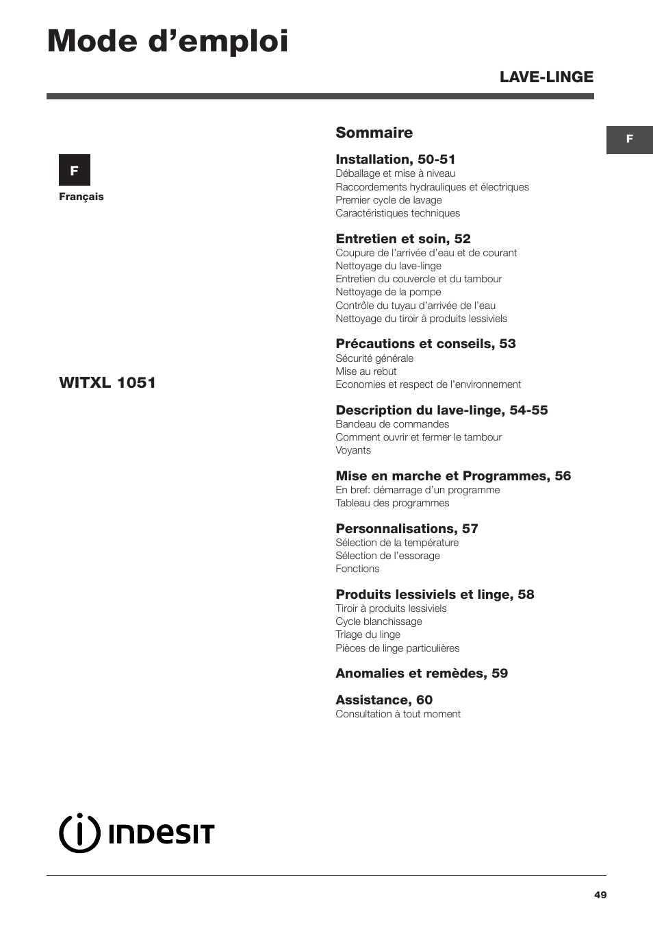 Mode d’emploi | Indesit WITXL-1051-(EU) User Manual | Page 49 / 84
