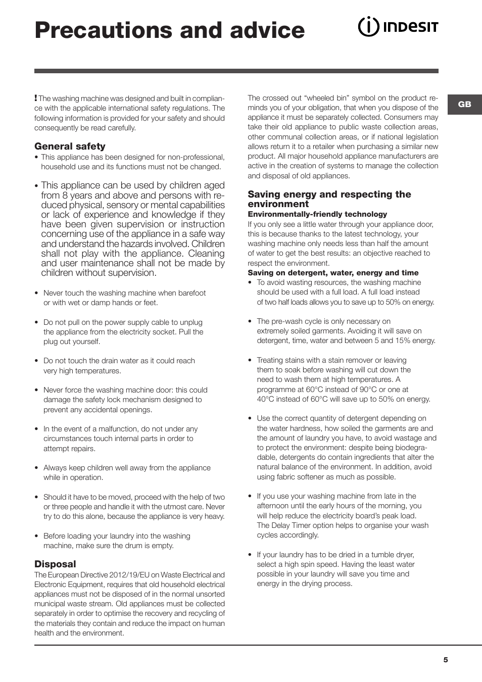 Precautions and advice | Indesit WITXL-1051-(EU) User Manual | Page 5 / 84