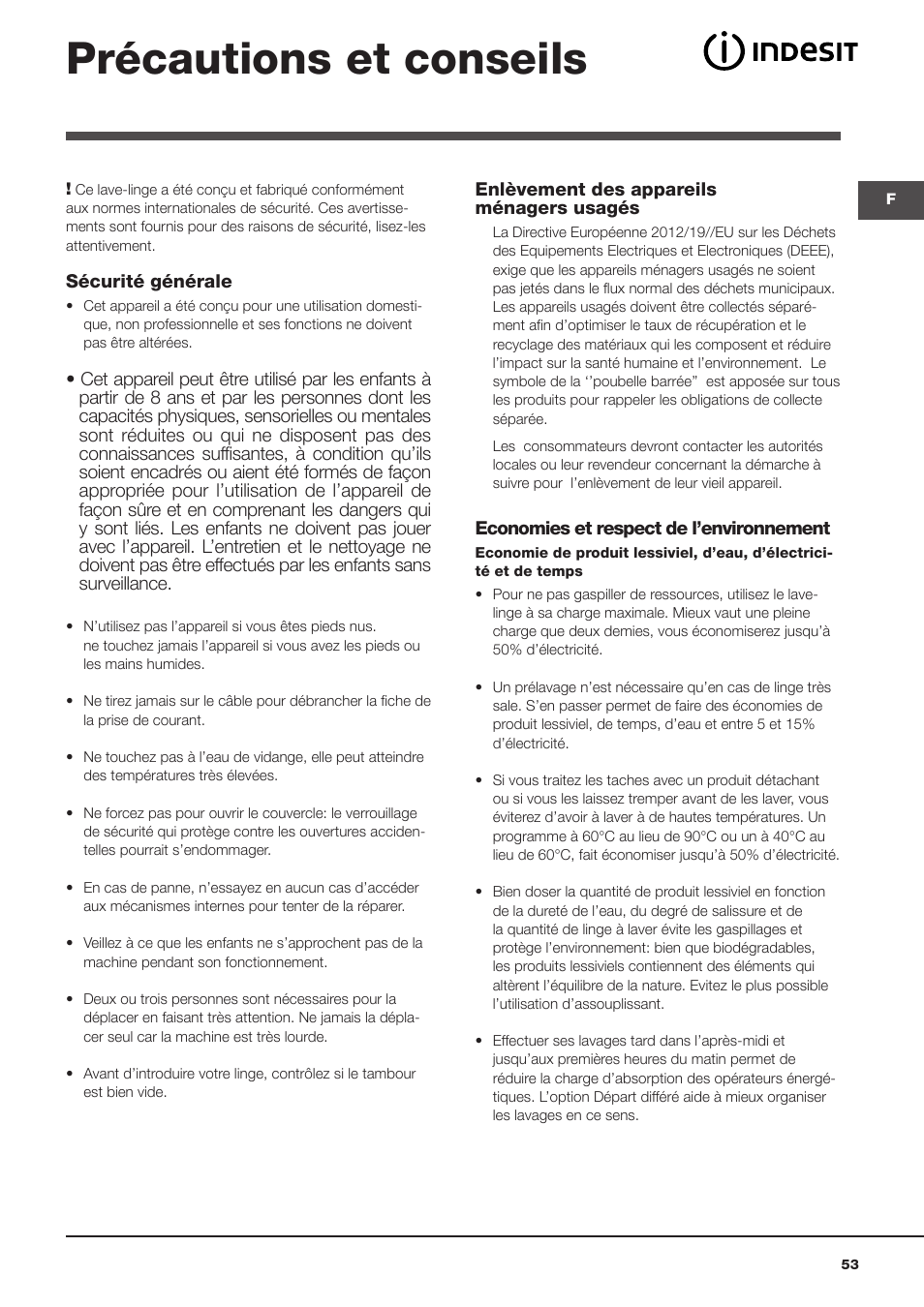 Précautions et conseils | Indesit WITXL-1051-(EU) User Manual | Page 53 / 84