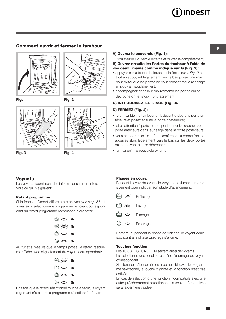 Voyants, Comment ouvrir et fermer le tambour | Indesit WITXL-1051-(EU) User Manual | Page 55 / 84