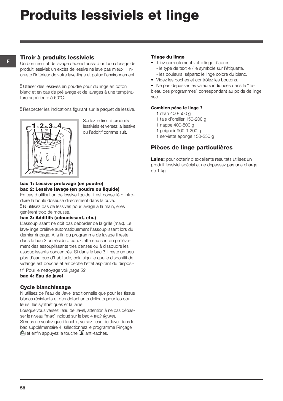 Produits lessiviels et linge | Indesit WITXL-1051-(EU) User Manual | Page 58 / 84