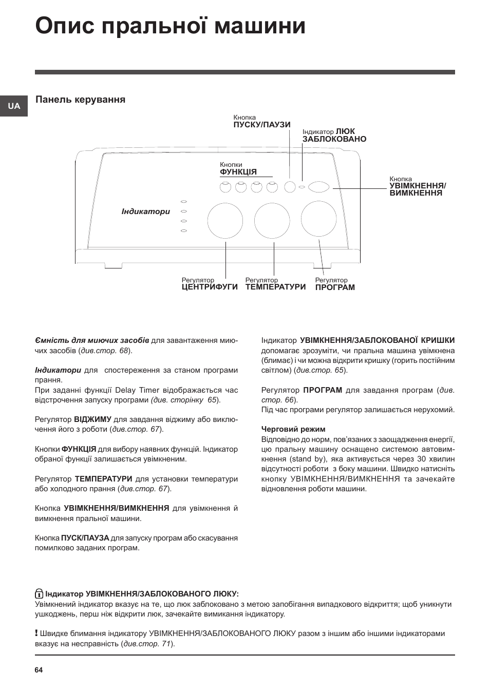 Опис пральної машини, Панель керування | Indesit WITXL-1051-(EU) User Manual | Page 64 / 84