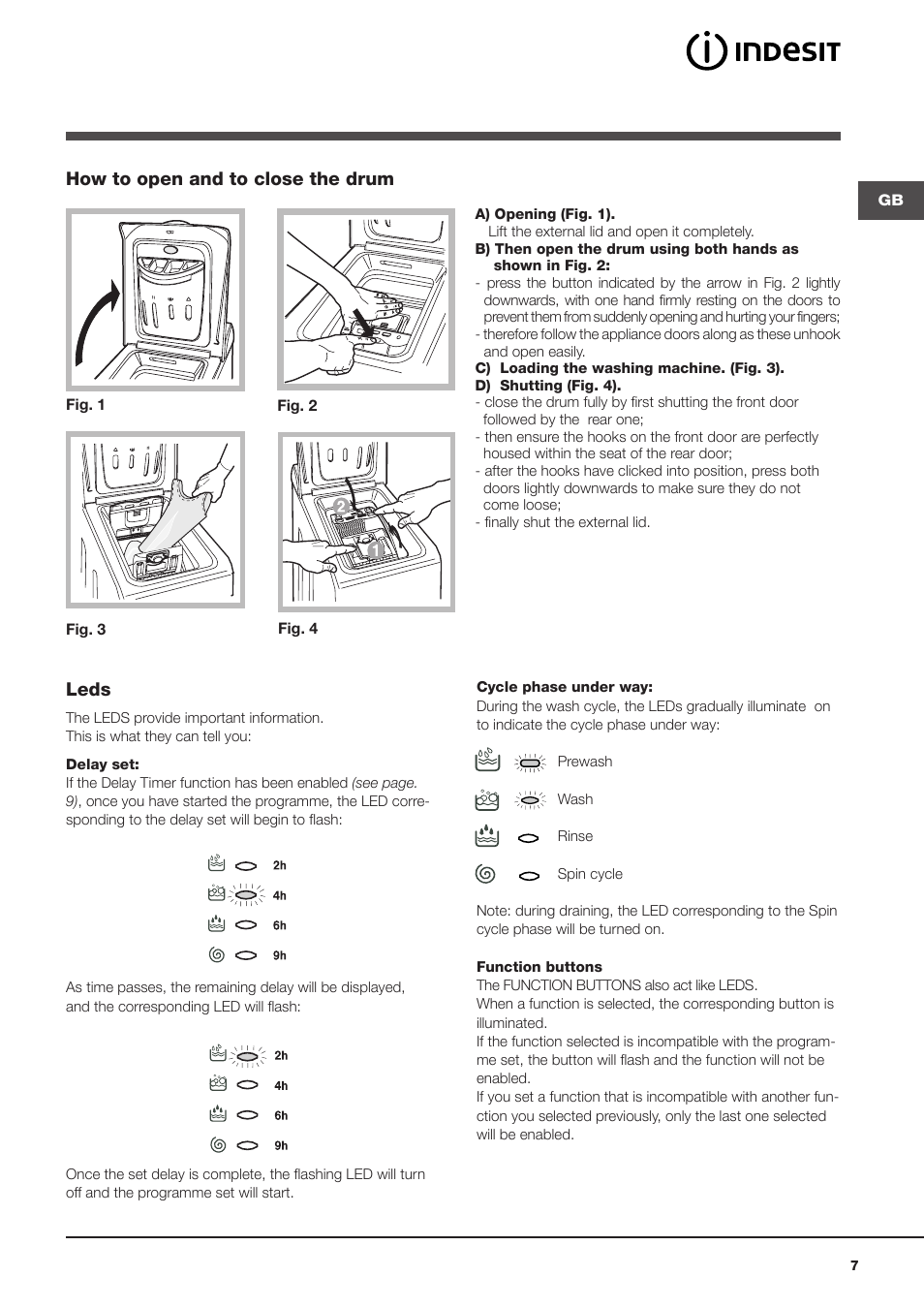 How to open and to close the drum, Leds | Indesit WITXL-1051-(EU) User Manual | Page 7 / 84