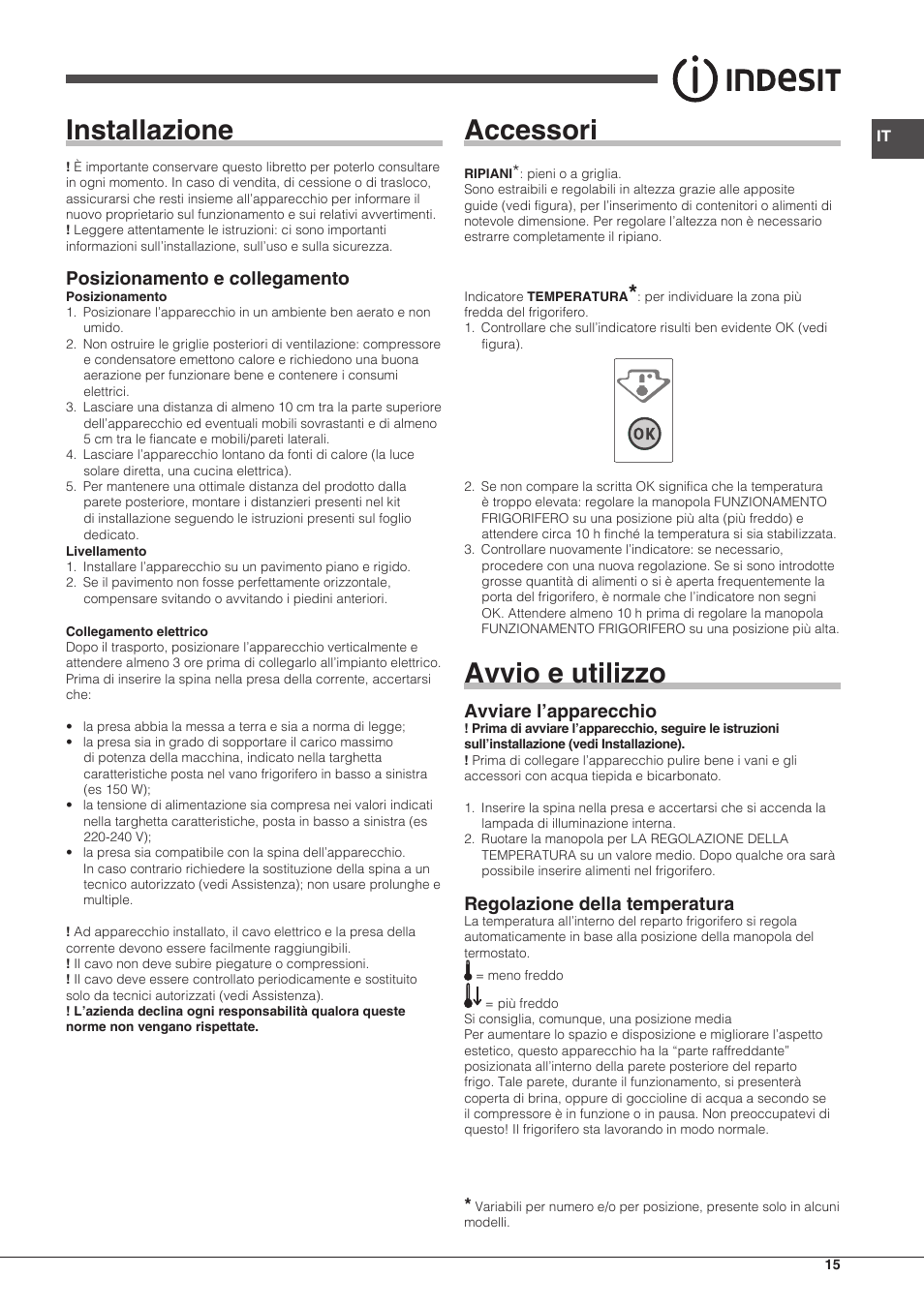 Installazione, Accessori, Avvio e utilizzo | Posizionamento e collegamento, Avviare l’apparecchio, Regolazione della temperatura | Indesit BIAA-13-(1) User Manual | Page 15 / 68