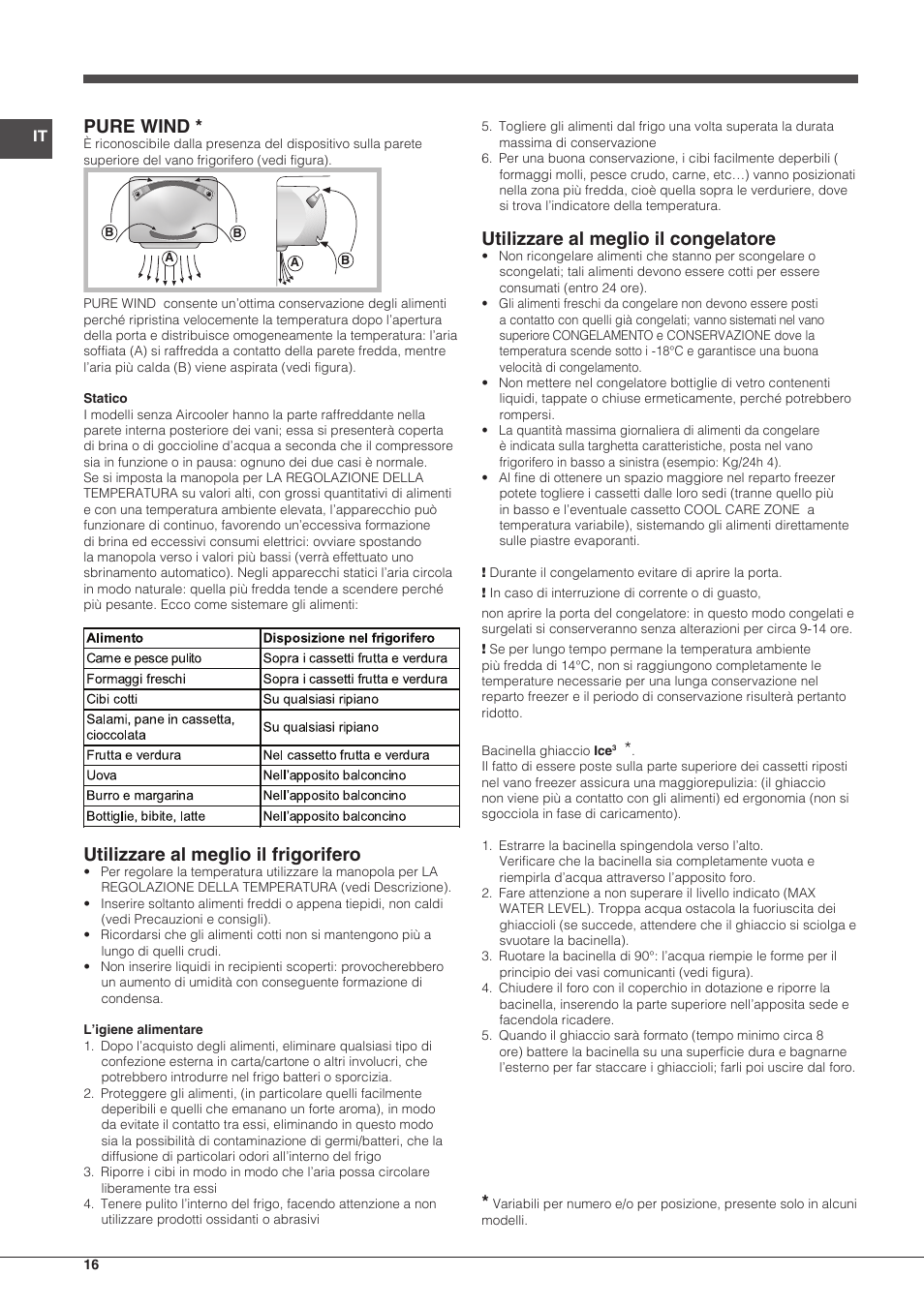 Pure wind, Utilizzare al meglio il frigorifero, Utilizzare al meglio il congelatore | Indesit BIAA-13-(1) User Manual | Page 16 / 68