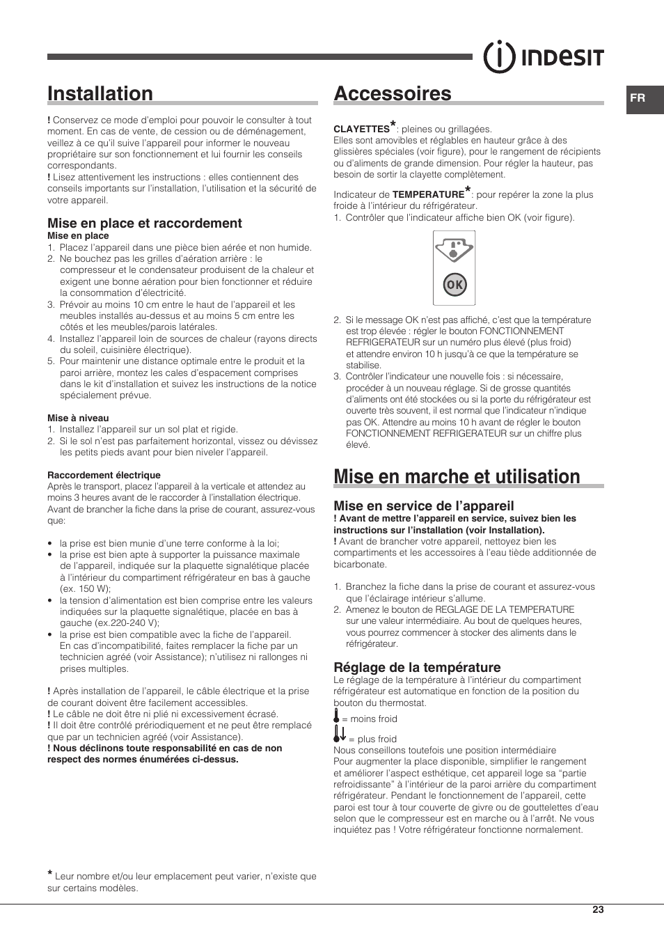 Installation, Accessoires, Mise en marche et utilisation | Mise en place et raccordement, Mise en service de l’appareil, Réglage de la température | Indesit BIAA-13-(1) User Manual | Page 23 / 68