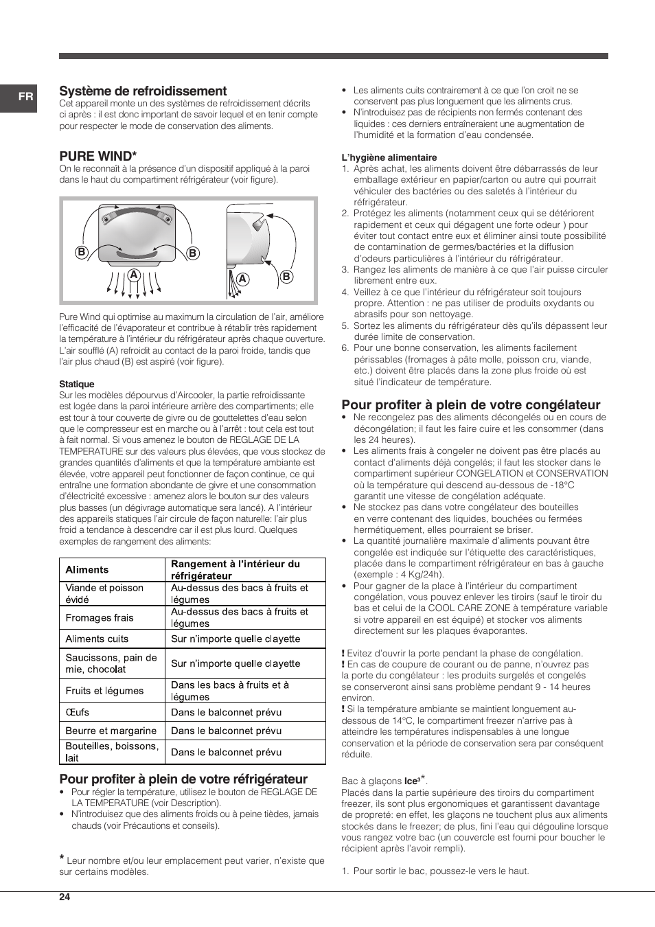 Système de refroidissement, Pure wind, Pour profiter à plein de votre réfrigérateur | Pour profiter à plein de votre congélateur | Indesit BIAA-13-(1) User Manual | Page 24 / 68