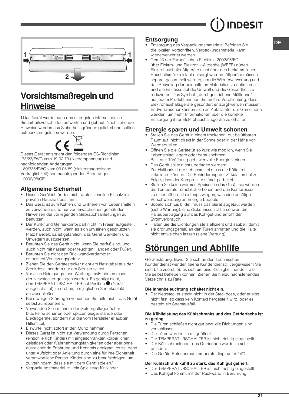 Vorsichtsmaßregeln und hinweise, Störungen und abhilfe, Allgemeine sicherheit | Entsorgung, Energie sparen und umwelt schonen | Indesit BIAA-13-(1) User Manual | Page 31 / 68