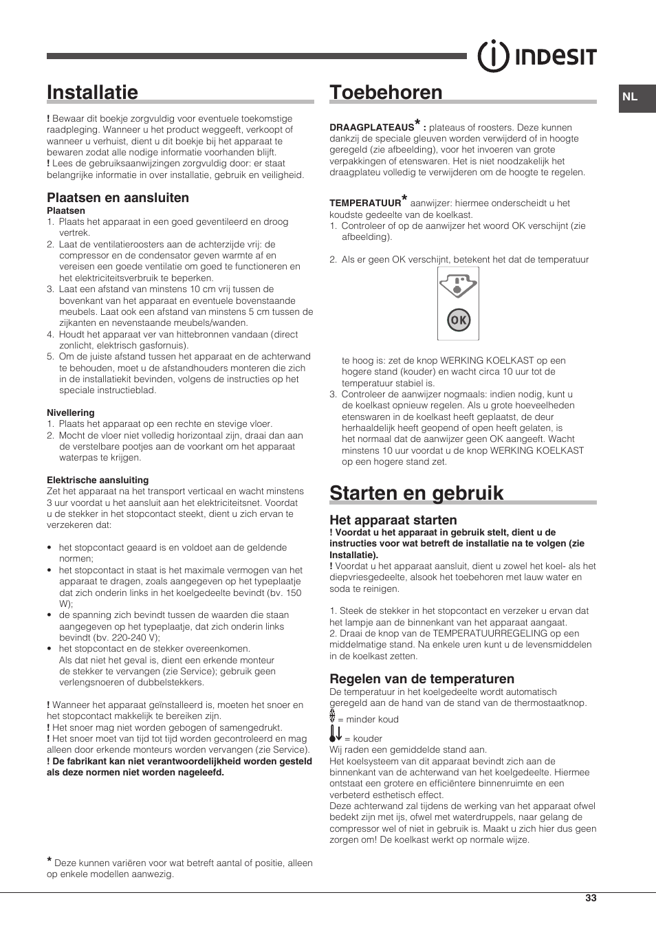 Installatie, Toebehoren, Starten en gebruik | Plaatsen en aansluiten, Het apparaat starten, Regelen van de temperaturen | Indesit BIAA-13-(1) User Manual | Page 33 / 68