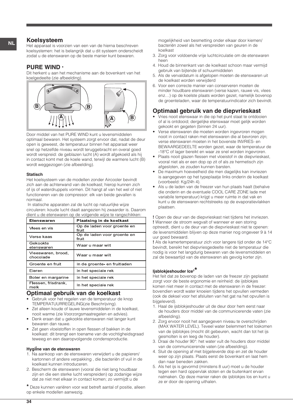 Koelsysteem, Pure wind, Optimaal gebruik van de koelkast | Optimaal gebruik van de diepvrieskast | Indesit BIAA-13-(1) User Manual | Page 34 / 68