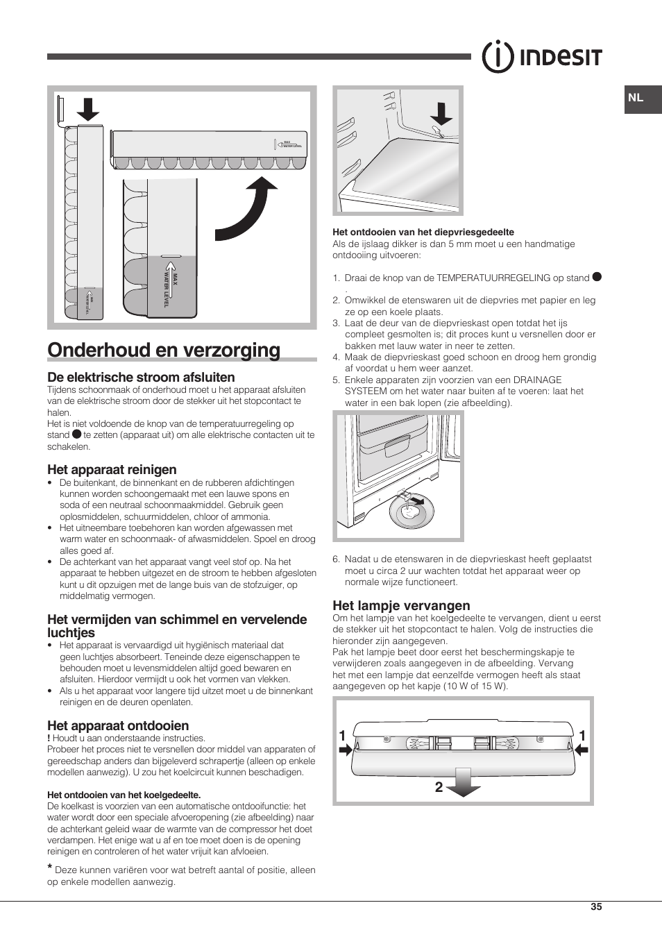 Onderhoud en verzorging, De elektrische stroom afsluiten, Het apparaat reinigen | Het vermijden van schimmel en vervelende luchtjes, Het apparaat ontdooien, Het lampje vervangen | Indesit BIAA-13-(1) User Manual | Page 35 / 68