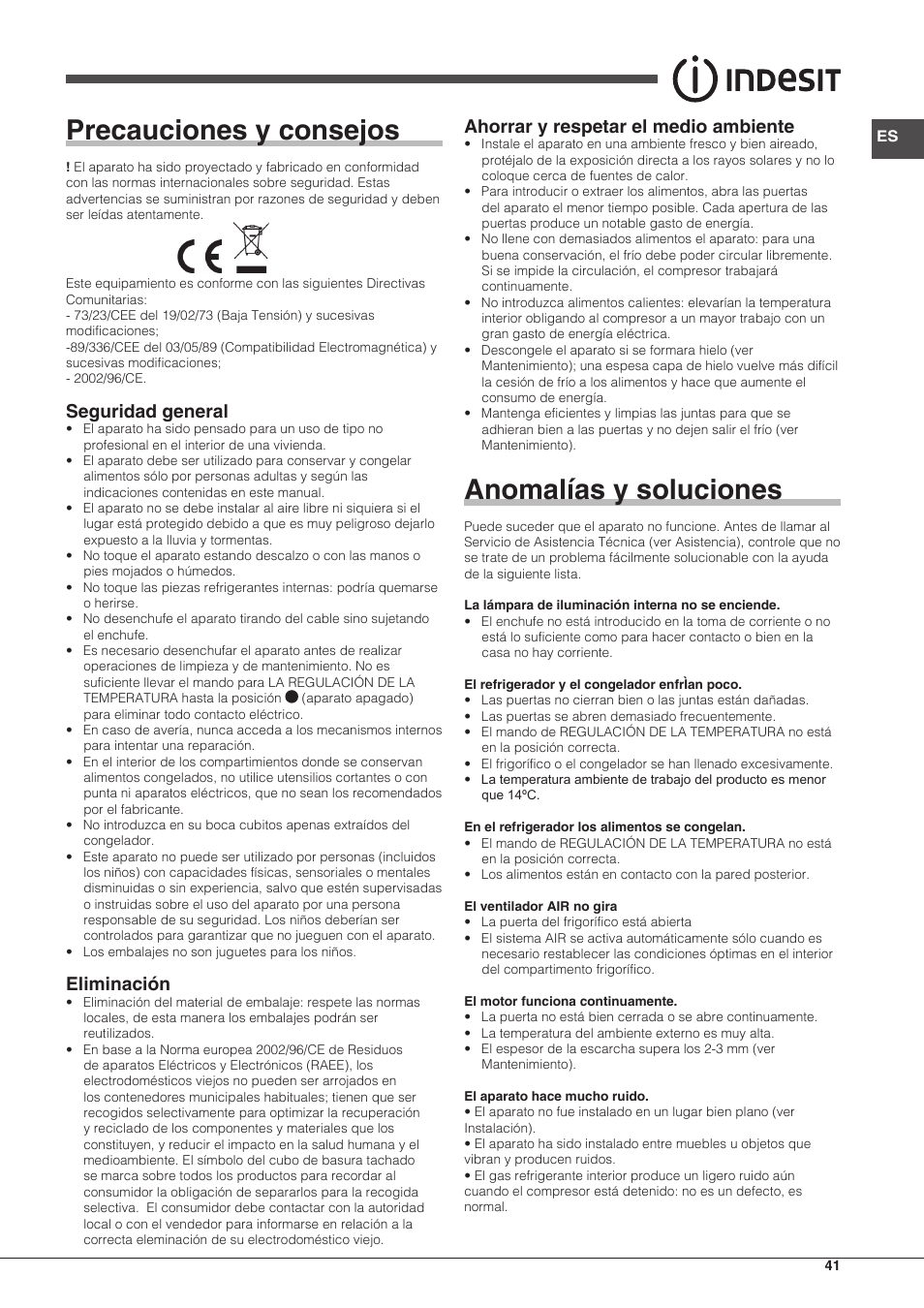 Precauciones y consejos, Anomalías y soluciones, Seguridad general | Eliminación, Ahorrar y respetar el medio ambiente | Indesit BIAA-13-(1) User Manual | Page 41 / 68