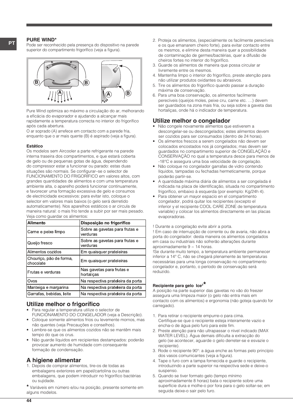 Utilize melhor o frigorífico, A higiene alimentar, Utilize melhor o congelador | Indesit BIAA-13-(1) User Manual | Page 44 / 68