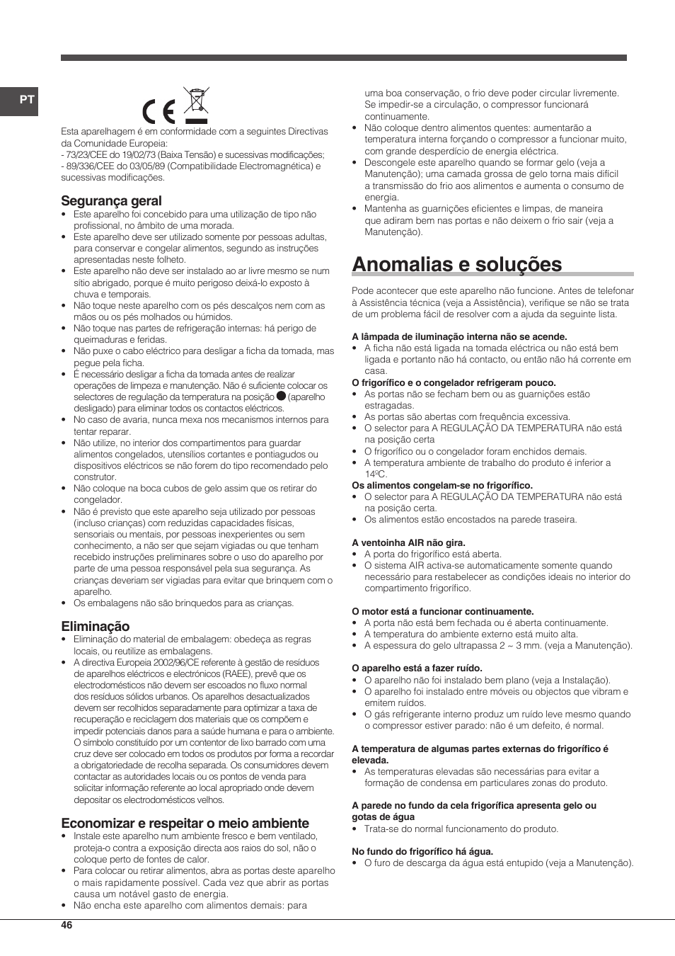 Anomalias e soluções, Segurança geral, Eliminação | Economizar e respeitar o meio ambiente | Indesit BIAA-13-(1) User Manual | Page 46 / 68