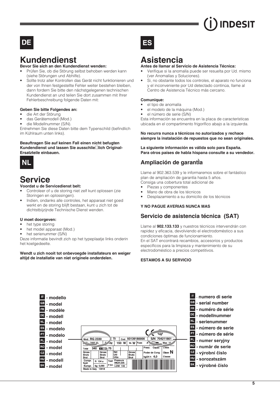 Kundendienst, Service, Asistencia | Ampliación de garantìa, Servicio de asistencia técnica (sat) | Indesit BIAA-13-(1) User Manual | Page 5 / 68