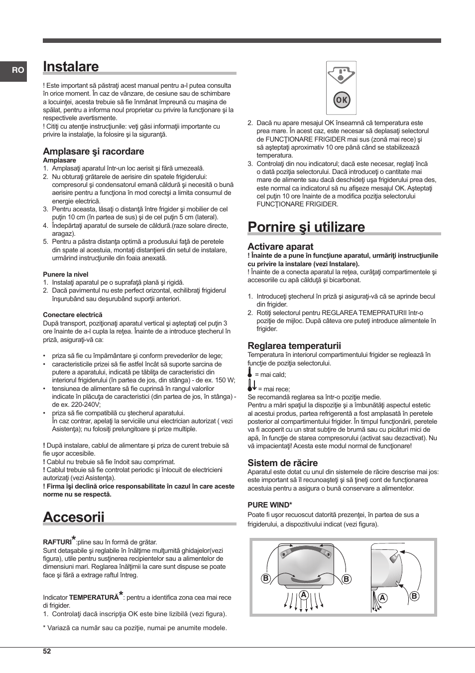 Instalare, Accesorii, Pornire şi utilizare | Amplasare şi racordare, Activare aparat, Reglarea temperaturii, Sistem de răcire | Indesit BIAA-13-(1) User Manual | Page 52 / 68