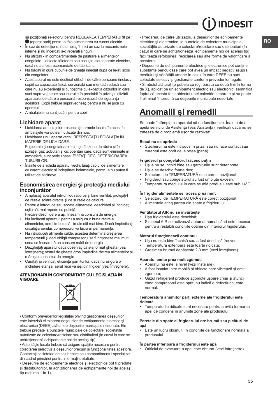 Anomalii şi remedii, Lichidare aparat | Indesit BIAA-13-(1) User Manual | Page 55 / 68