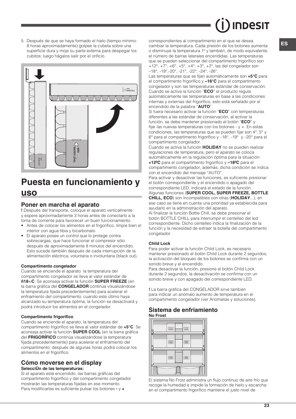 Puesta en funcionamiento y uso, Poner en marcha el aparato, Cómo moverse en el display | Sistema de enfriamiento | Indesit BAAN-40-FNF-D-(1) User Manual | Page 23 / 76