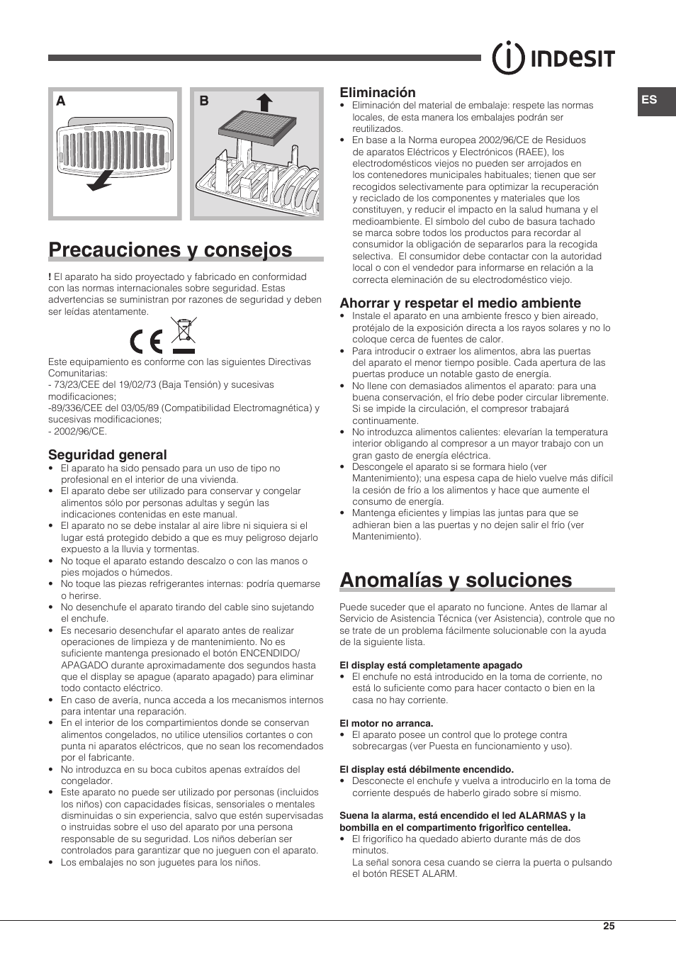 Precauciones y consejos, Anomalías y soluciones, Seguridad general | Eliminación, Ahorrar y respetar el medio ambiente | Indesit BAAN-40-FNF-D-(1) User Manual | Page 25 / 76