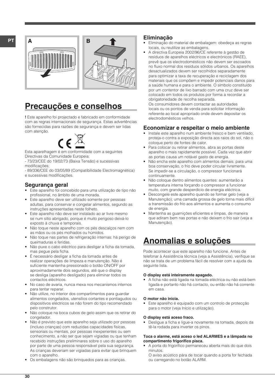 Precauções e conselhos, Anomalias e soluções, Segurança geral | Eliminação, Economizar e respeitar o meio ambiente | Indesit BAAN-40-FNF-D-(1) User Manual | Page 30 / 76