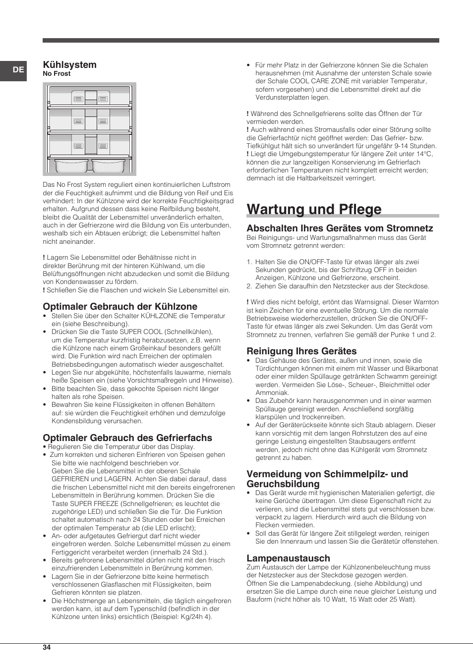 Wartung und pflege, Kühlsystem, Optimaler gebrauch der kühlzone | Optimaler gebrauch des gefrierfachs, Abschalten ihres gerätes vom stromnetz, Reinigung ihres gerätes, Vermeidung von schimmelpilz- und geruchsbildung, Lampenaustausch | Indesit BAAN-40-FNF-D-(1) User Manual | Page 34 / 76