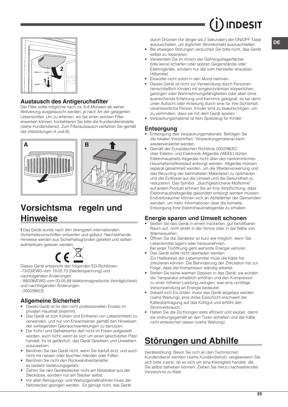 Vorsichtsma regeln und hinweise, Störungen und abhilfe, 12 austausch des antigeruchsfilter | Allgemeine sicherheit, Entsorgung, Energie sparen und umwelt schonen | Indesit BAAN-40-FNF-D-(1) User Manual | Page 35 / 76