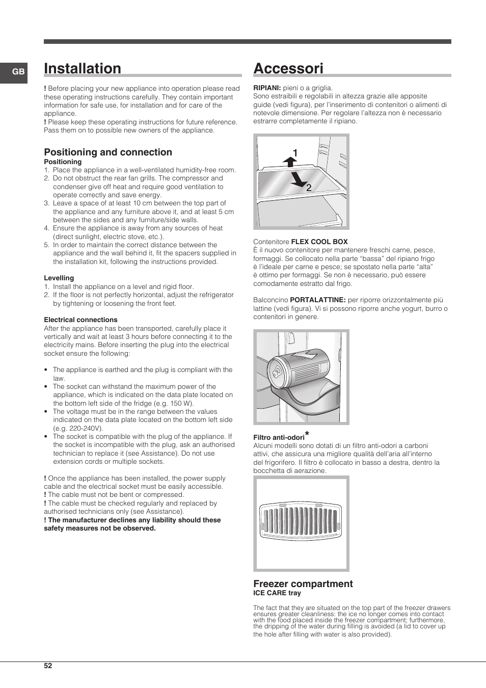 Installation, Accessori, Positioning and connection | Freezer compartment | Indesit BAAN-40-FNF-D-(1) User Manual | Page 52 / 76