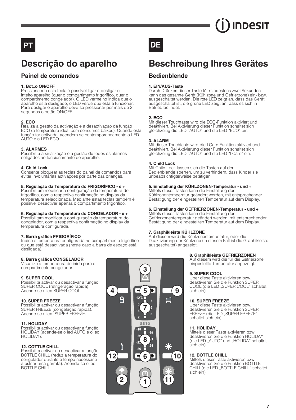 Descrição do aparelho, Beschreibung ihres gerätes, Painel de comandos | Bedienblende | Indesit BAAN-40-FNF-D-(1) User Manual | Page 7 / 76