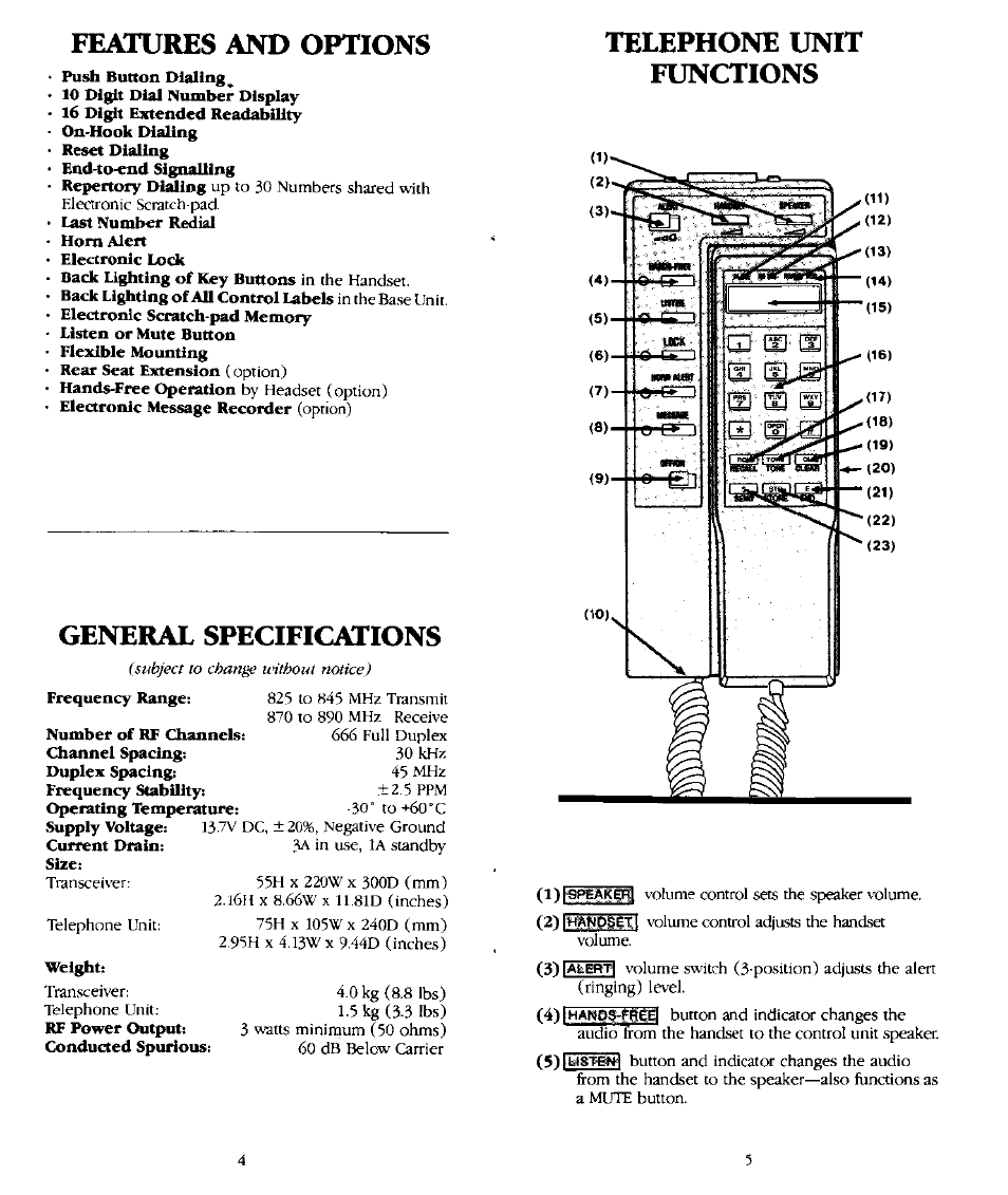 Features and options, Telephone unit functions, General specifications | Audiovox CMT-1000 User Manual | Page 3 / 6