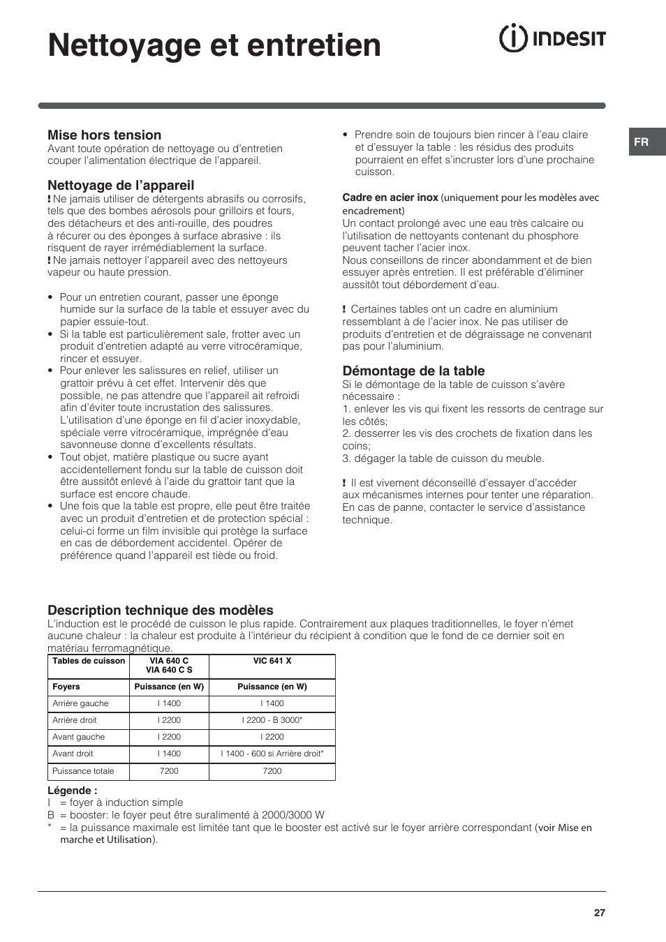 Nettoyage et entretien, Mise hors tension, Nettoyage de l’appareil | Démontage de la table, Description technique des modèles | Indesit VIC-641-X User Manual | Page 27 / 84