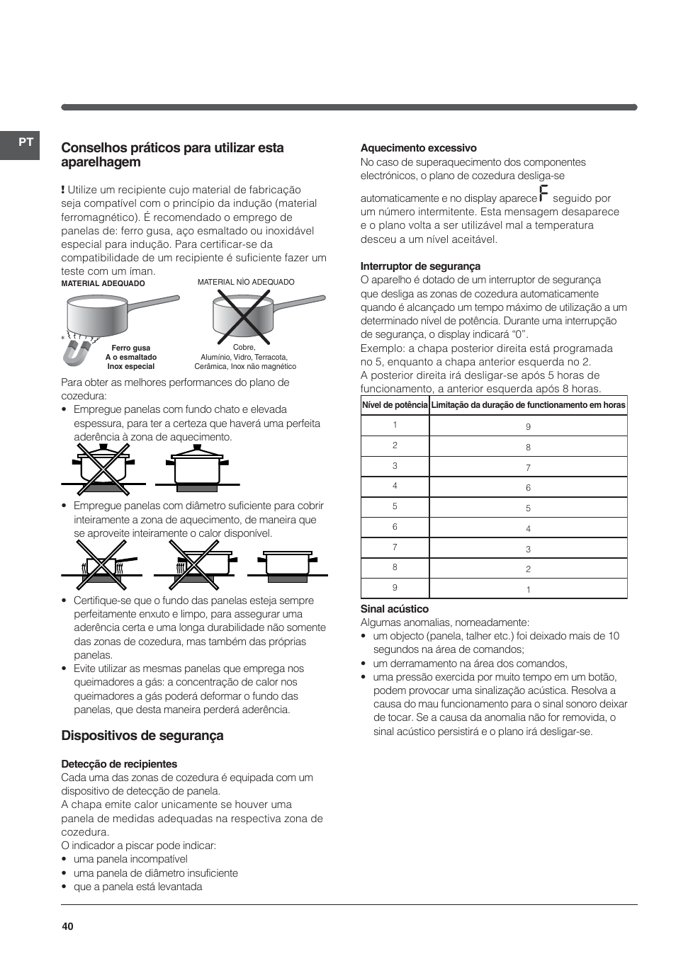Conselhos práticos para utilizar esta aparelhagem, Dispositivos de segurança | Indesit VIC-641-X User Manual | Page 40 / 84