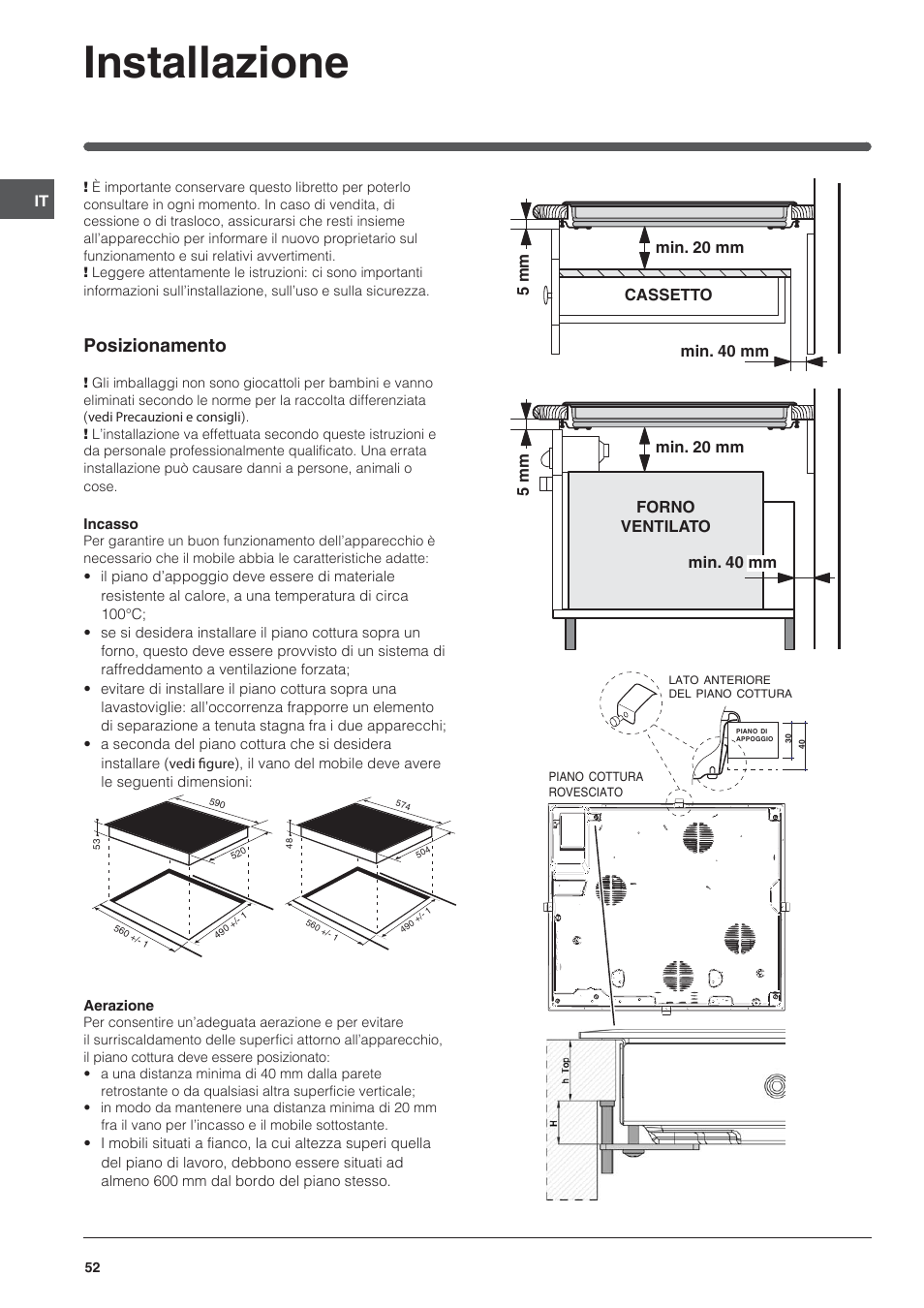 Installazione, Posizionamento | Indesit VIC-641-X User Manual | Page 52 / 84