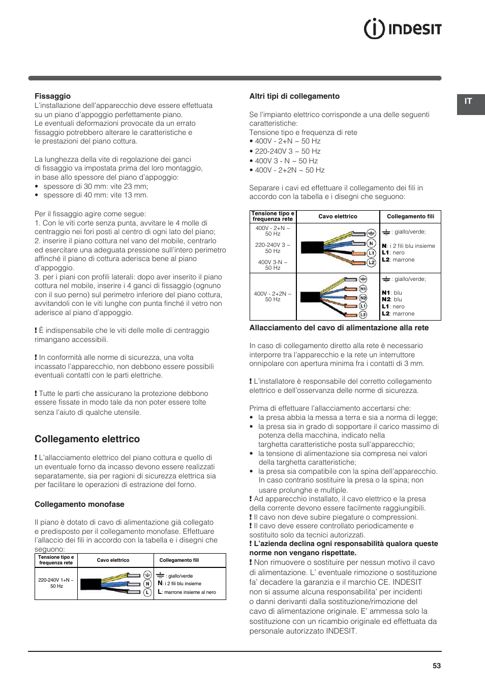 Collegamento elettrico | Indesit VIC-641-X User Manual | Page 53 / 84