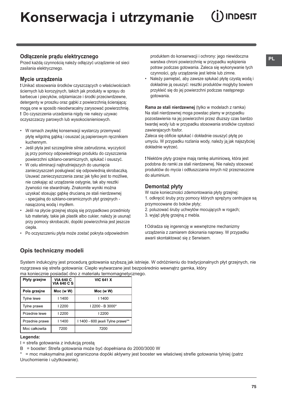Konserwacja i utrzymanie, Odłączenie prądu elektrycznego, Mycie urządzenia | Demontaż płyty, Opis techniczny modeli | Indesit VIC-641-X User Manual | Page 75 / 84
