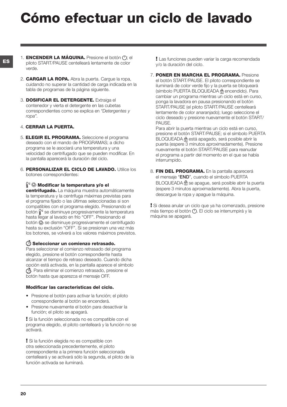 Cómo efectuar un ciclo de lavado | Indesit IWE-71282-ECO-(EU) User Manual | Page 20 / 60