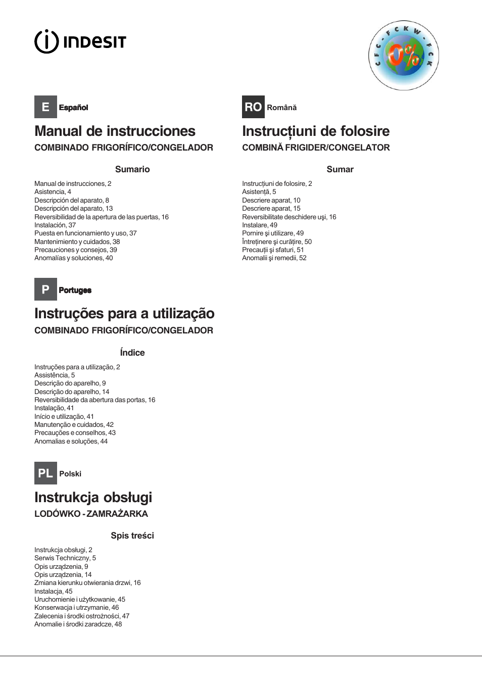 Manual de instrucciones, Instruções para a utilização | Indesit BIAA-33-F User Manual | Page 2 / 52