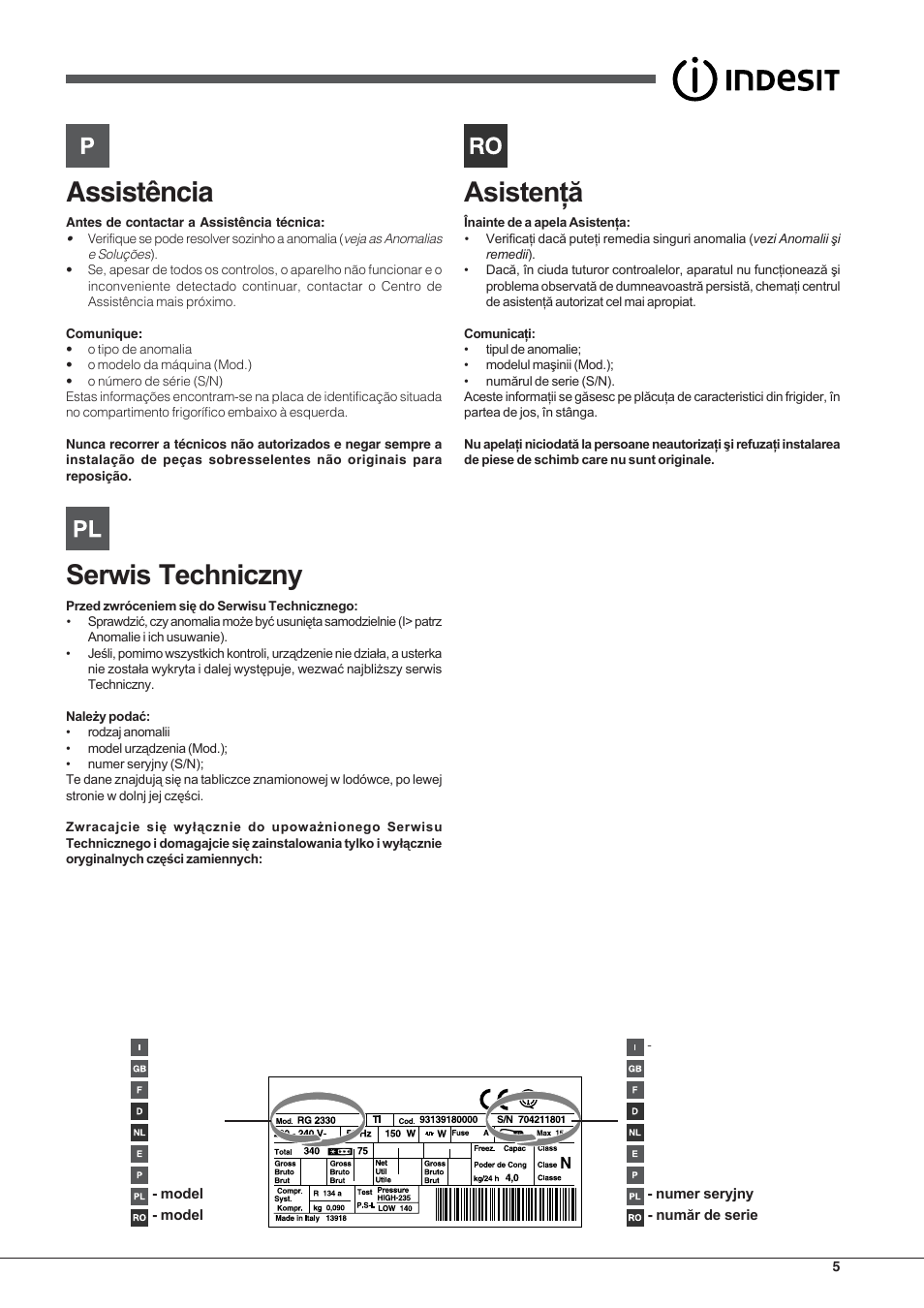 Assistência | Indesit BIAA-33-F User Manual | Page 5 / 52
