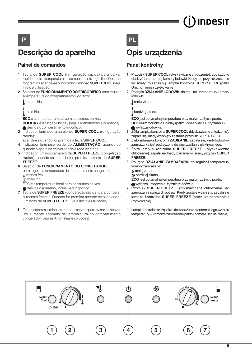 Descrição do aparelho, Painel de comandos | Indesit BIAA-33-F User Manual | Page 9 / 52
