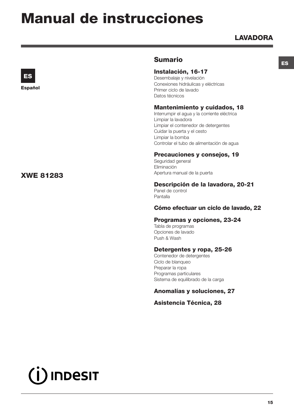 Manual de instrucciones | Indesit XWE-81283X-W-EU User Manual | Page 15 / 84