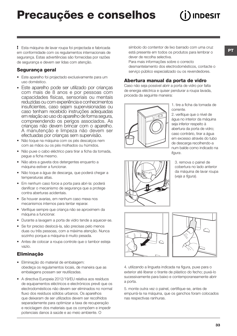 Precauções e conselhos | Indesit XWE-81283X-W-EU User Manual | Page 33 / 84