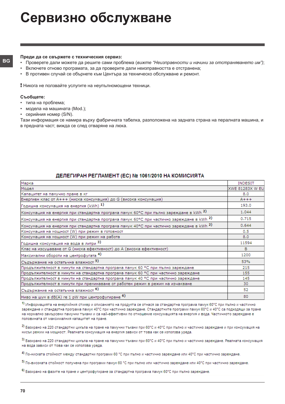 Сервизно обслужване | Indesit XWE-81283X-W-EU User Manual | Page 70 / 84
