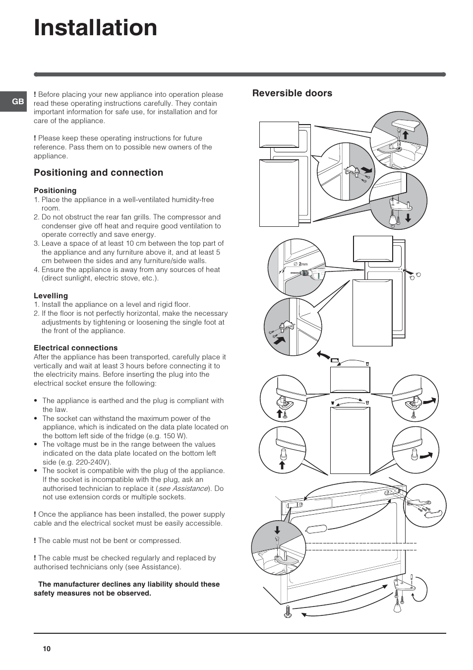 Installation, Positioning and connection, Reversible doors | Indesit RAA-24-N-(EU) User Manual | Page 10 / 80