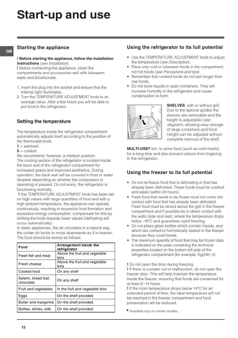 Start-up and use, Starting the appliance, Setting the temperature | Using the refrigerator to its full potential, Using the freezer to its full potential | Indesit RAA-24-N-(EU) User Manual | Page 12 / 80