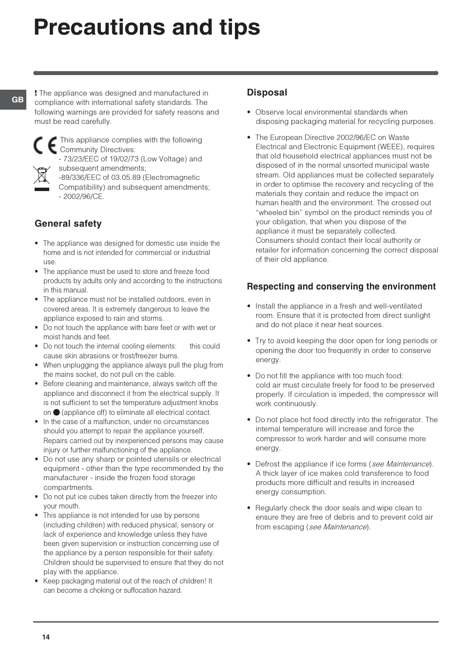 Precautions and tips, General safety, Disposal | Respecting and conserving the environment | Indesit RAA-24-N-(EU) User Manual | Page 14 / 80