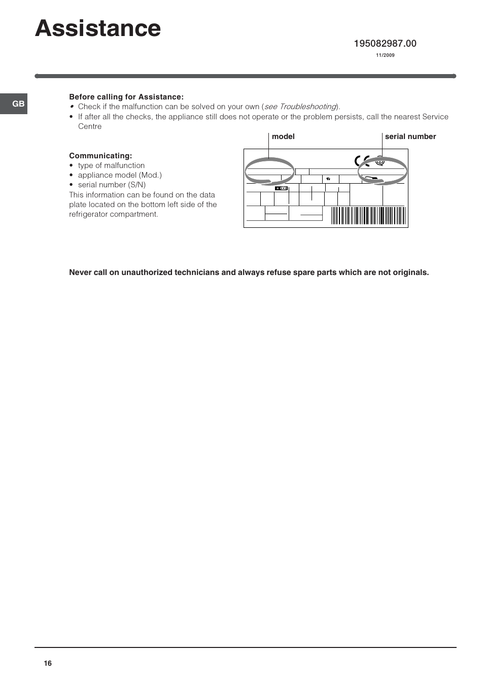 Assistance, Model serial number | Indesit RAA-24-N-(EU) User Manual | Page 16 / 80