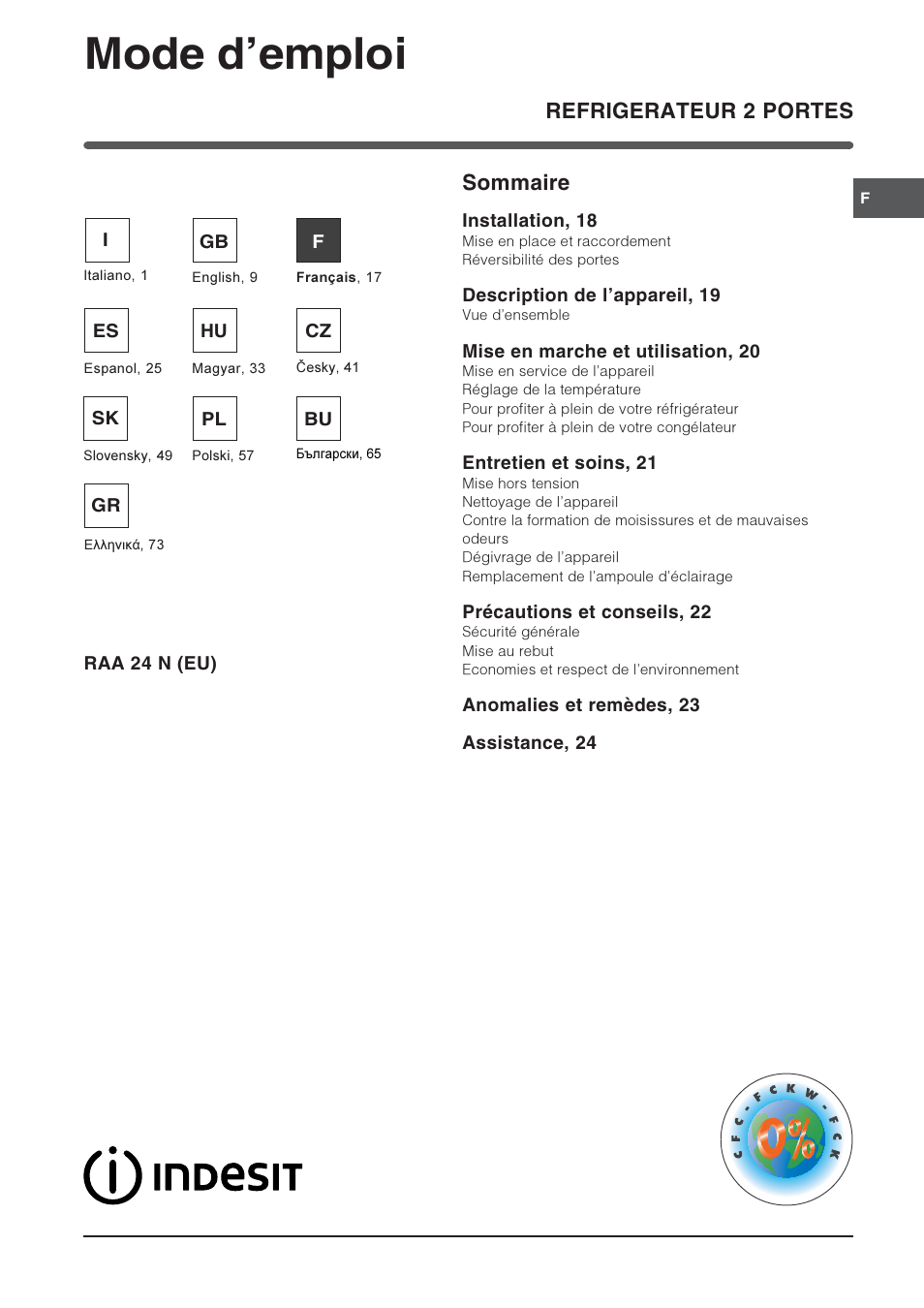 Mode demploi, Refrigerateur 2 portes sommaire | Indesit RAA-24-N-(EU) User Manual | Page 17 / 80