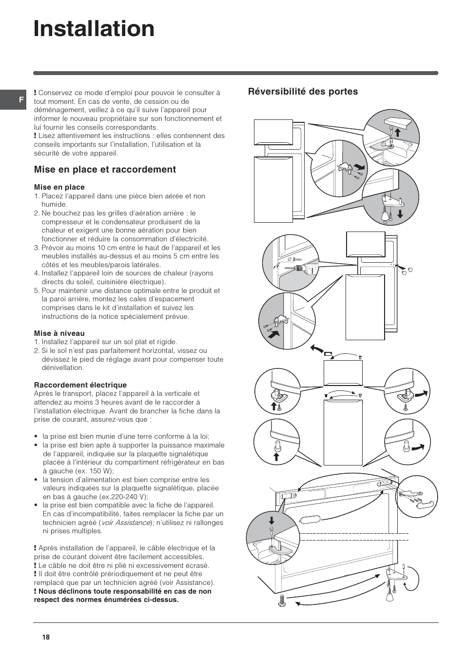 Installation, Réversibilité des portes, Mise en place et raccordement | Indesit RAA-24-N-(EU) User Manual | Page 18 / 80